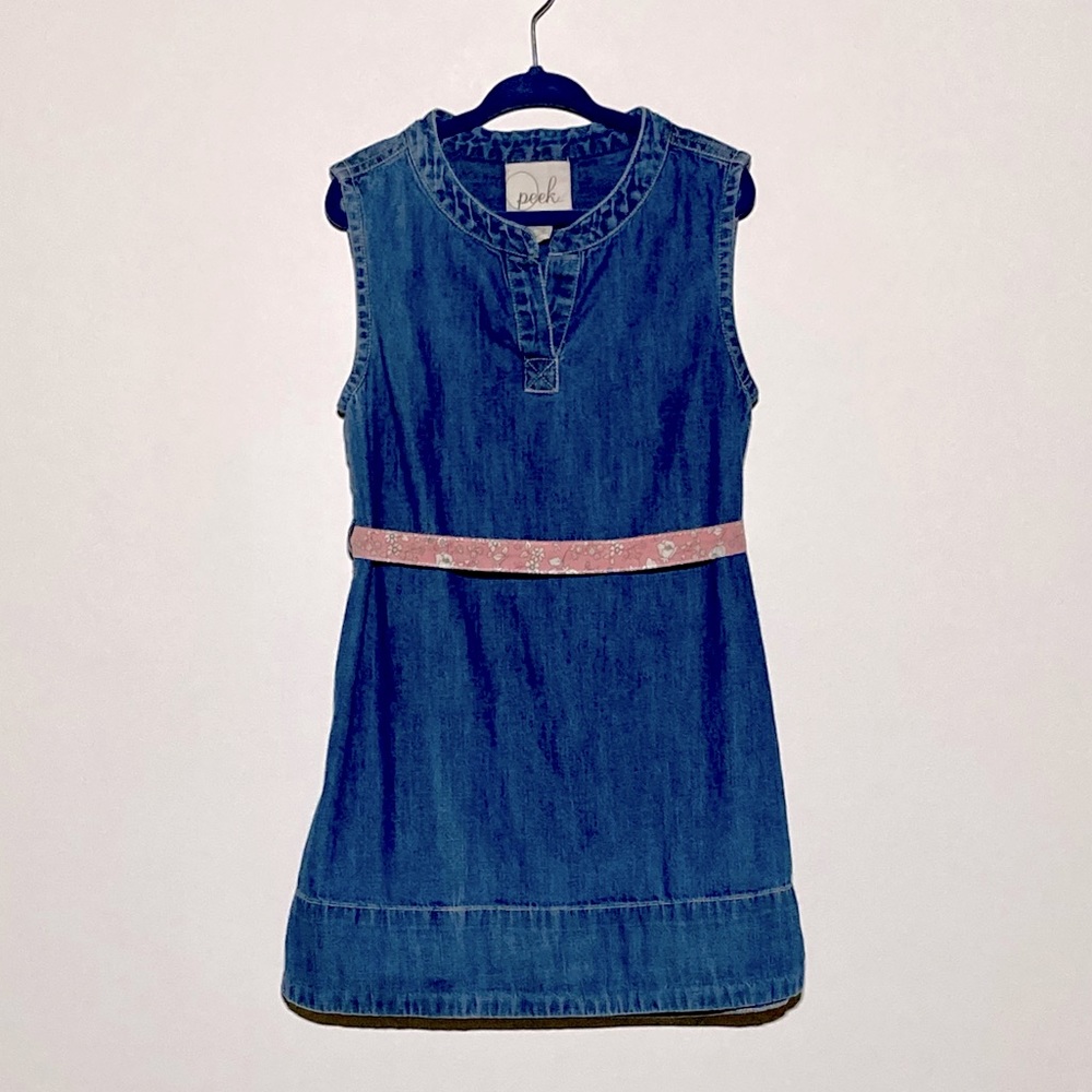 Peek: S(4-5) girls sleeveless pullover denim dress w/ pink floral sash.